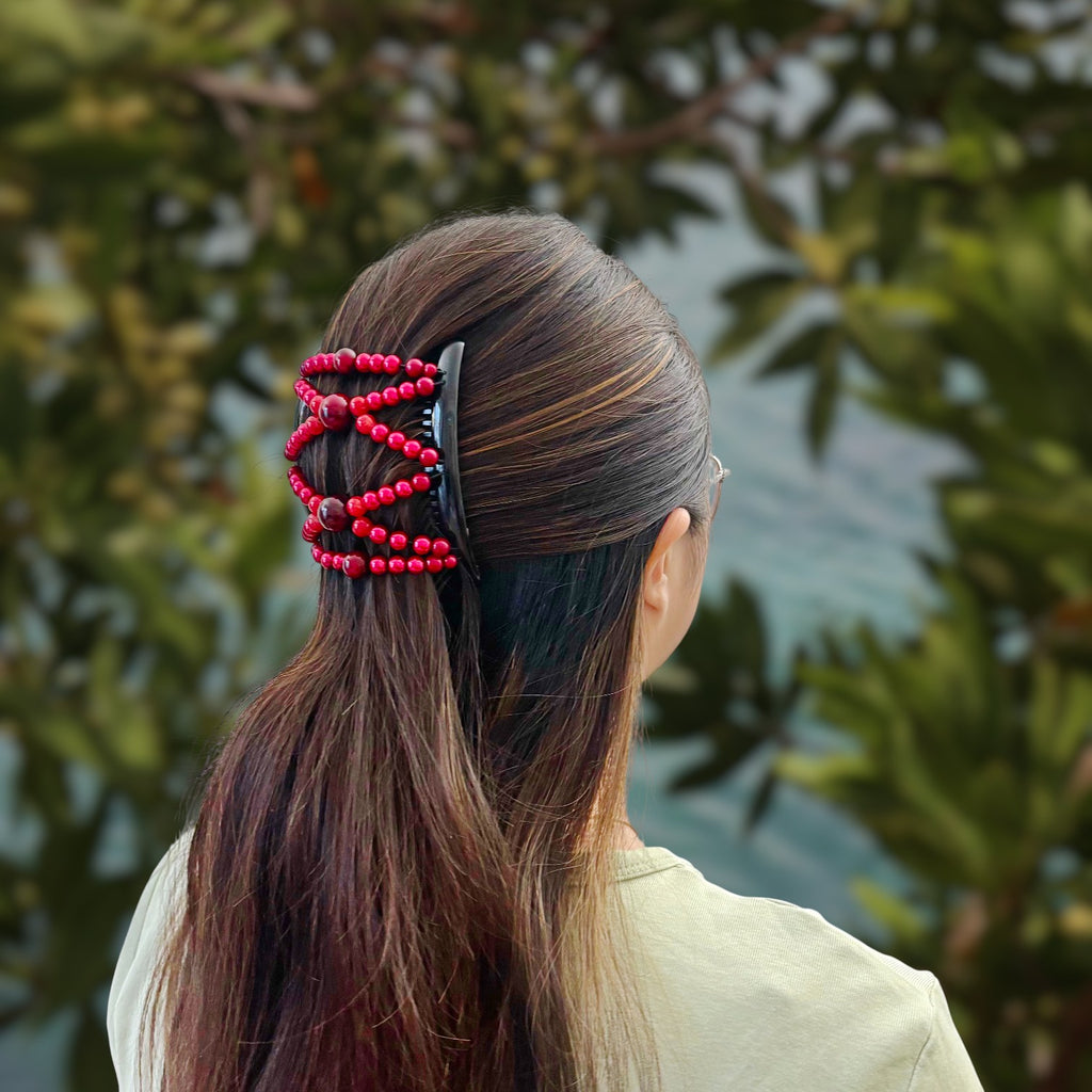Peigne double cheveux - accessoire chignon en perles rouge