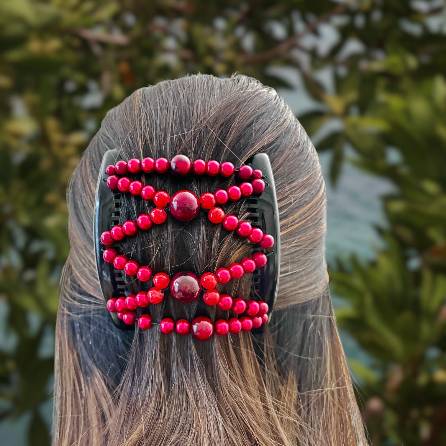 Peigne double cheveux - accessoire chignon en perles rouge