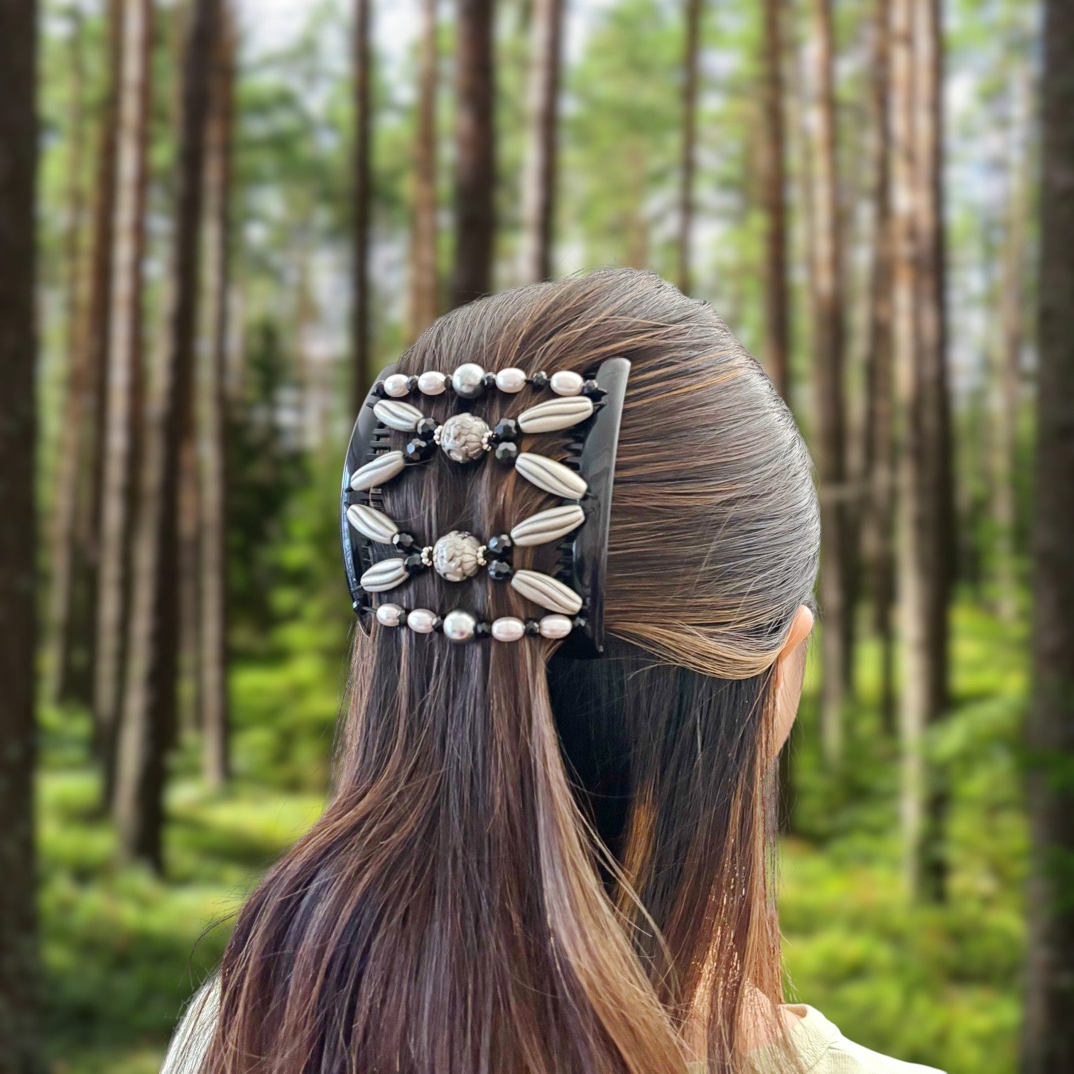 Double peigne cheveux élastique pour chignon orné de perles made in France