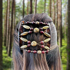 Double peigne cheveux élastique pour chignon - perles bordeaux et dorées made in France