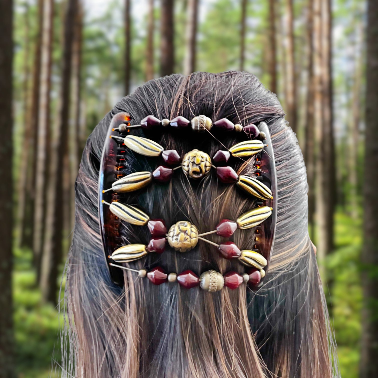 Double peigne cheveux élastique pour chignon - perles bordeaux et dorées made in France