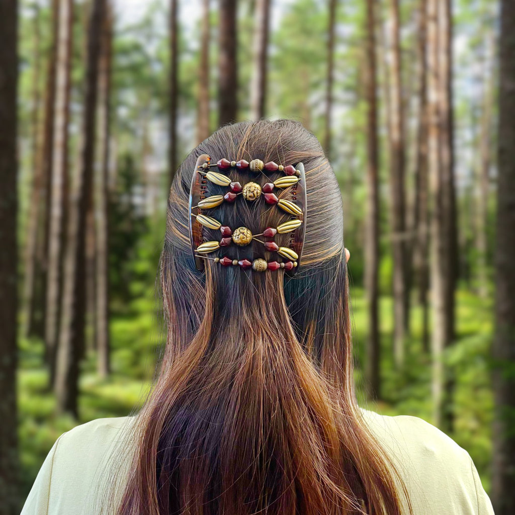Double peigne cheveux élastique pour chignon - perles bordeaux et dorées made in France
