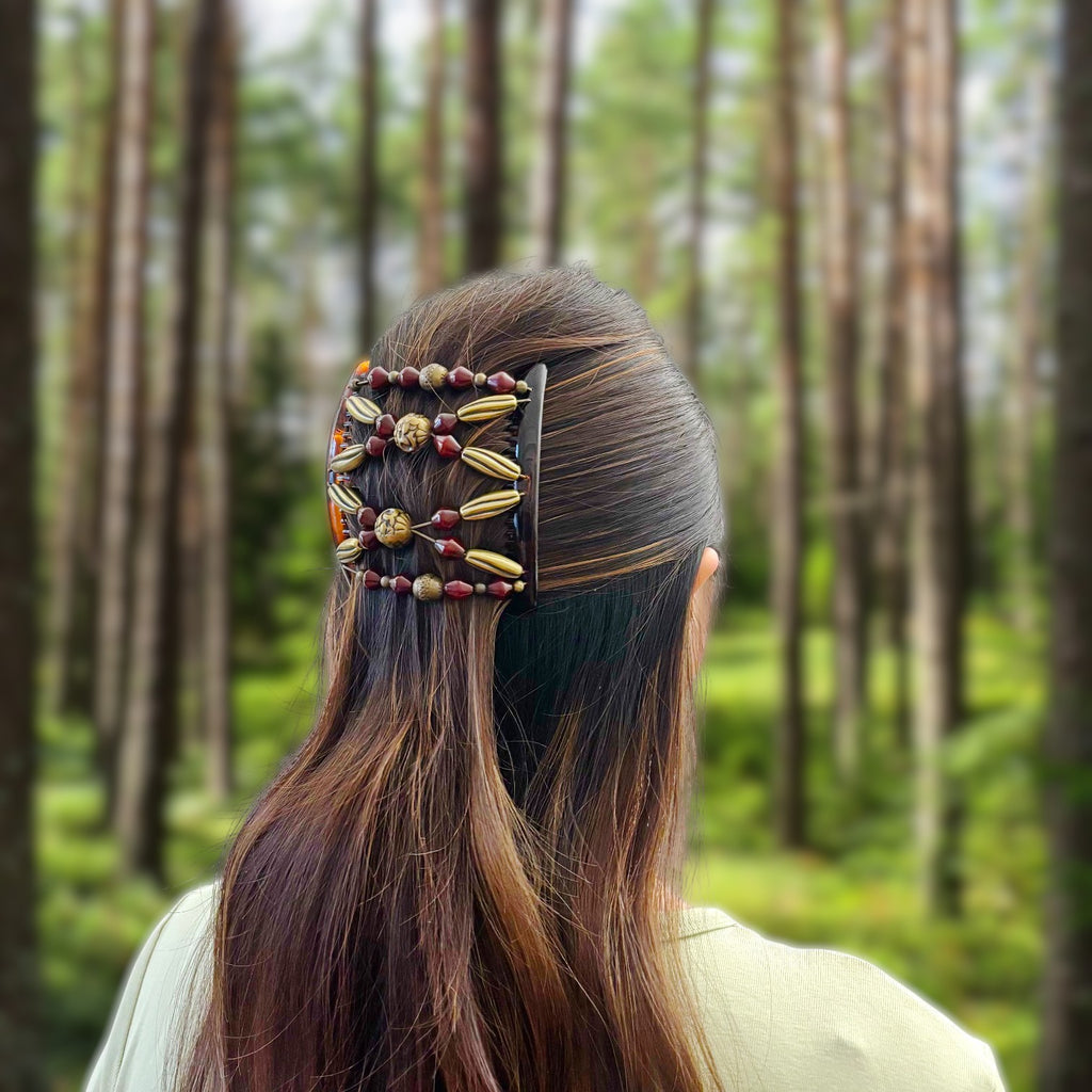 Double peigne cheveux élastique pour chignon - perles bordeaux et dorées made in France