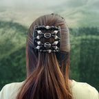 Double peigne cheveux élastique pour chignon - perles noires et argenté made in France