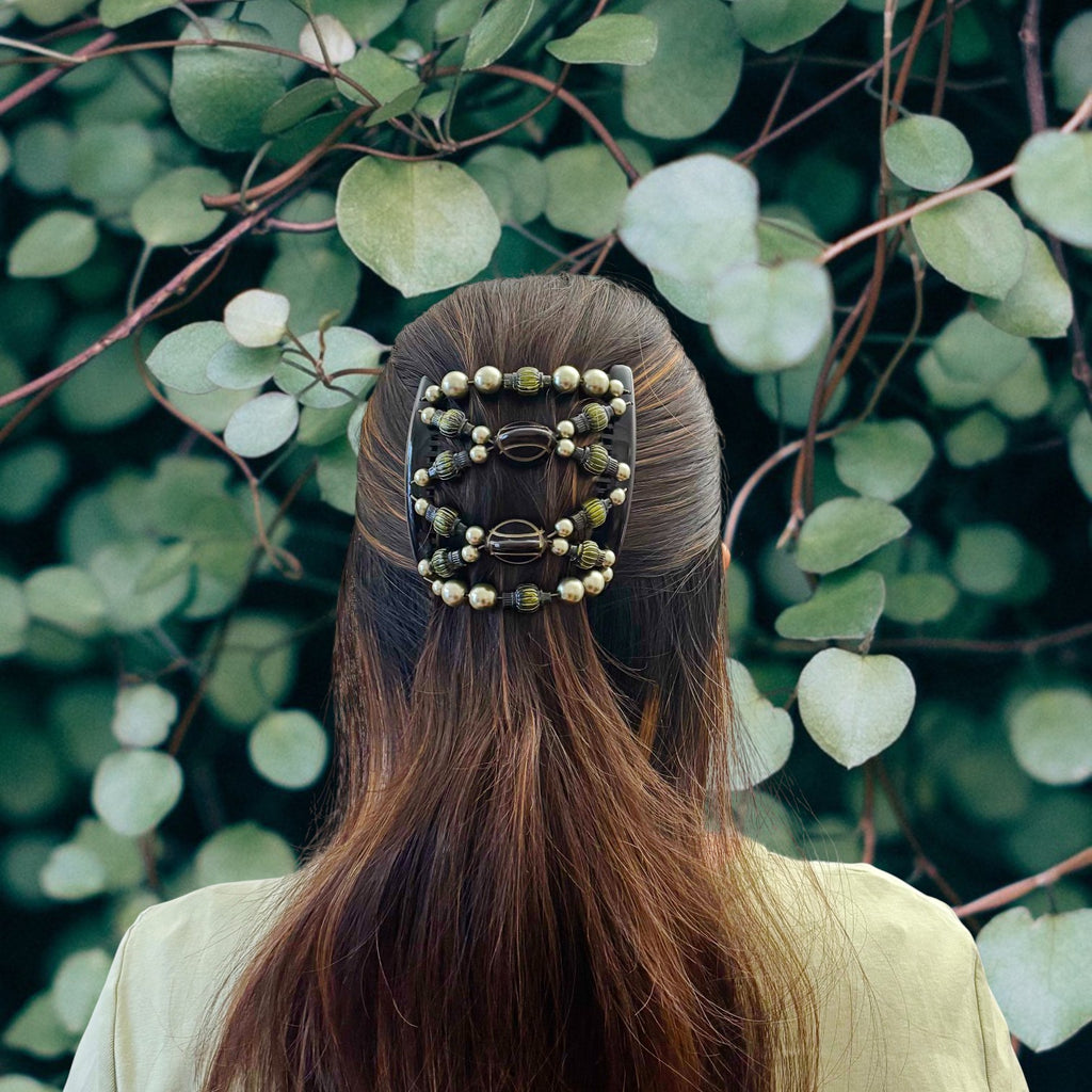 Double peigne cheveux élastique pour chignon - perles vertes made in France