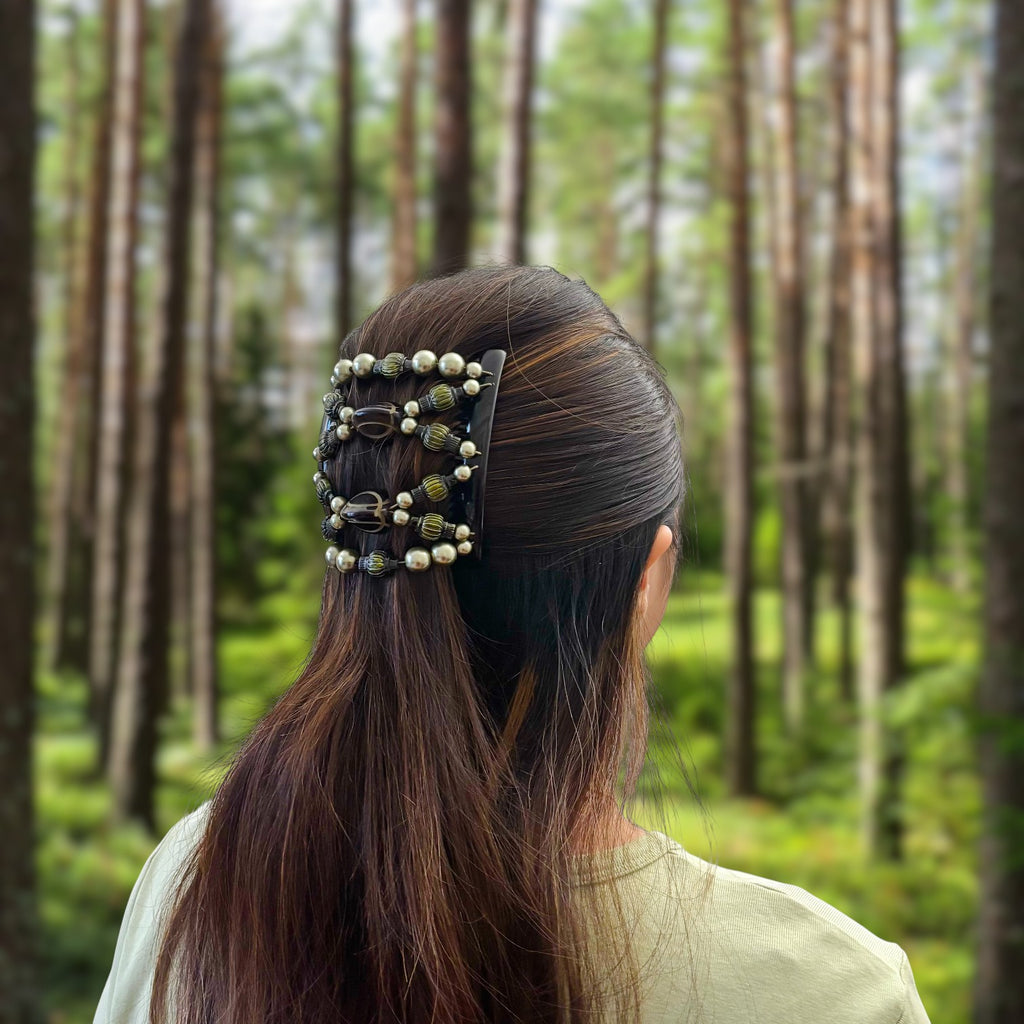 Double peigne cheveux élastique pour chignon - perles vertes made in France