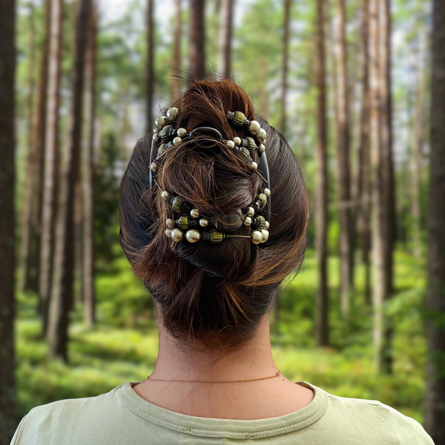 Double peigne cheveux élastique pour chignon - perles vertes made in France