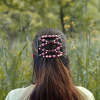 Double peigne cheveux élastique pour chignon - perles roses made in France