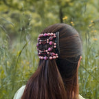 Double peigne cheveux élastique pour chignon - perles roses made in France