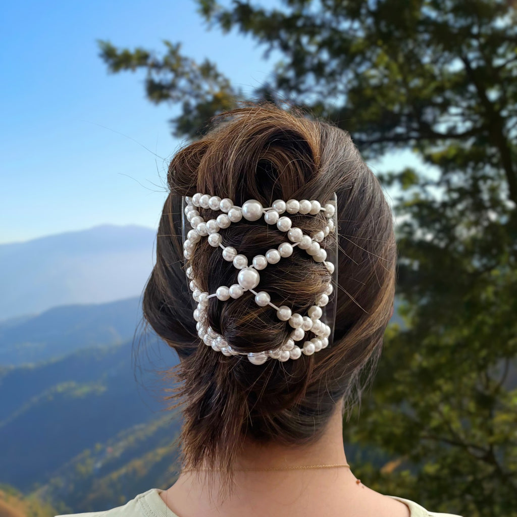Peigne double cheveux élastique pour chignon – Perles blanches nacrées made in France