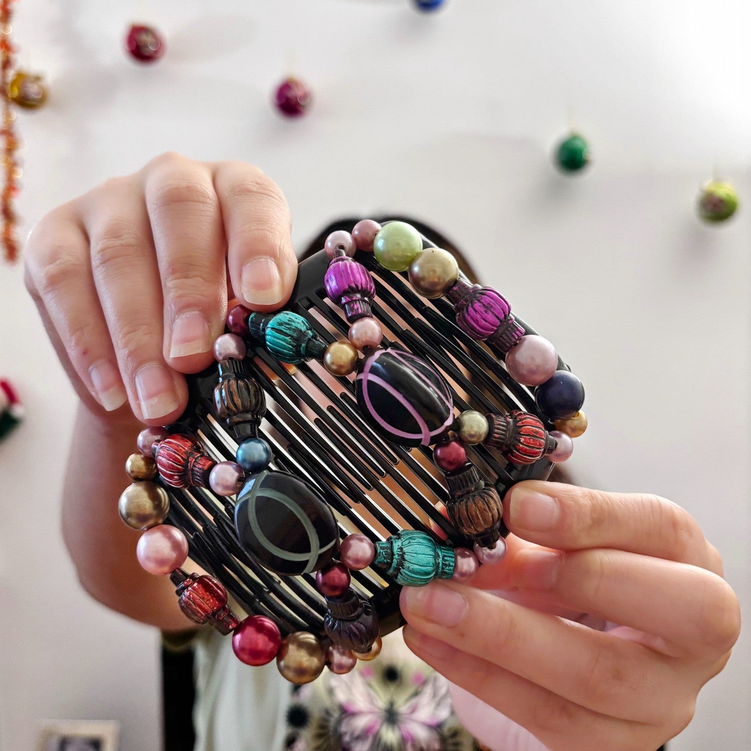 Double peigne cheveux élastique pour chignon - perles multicolore made in France