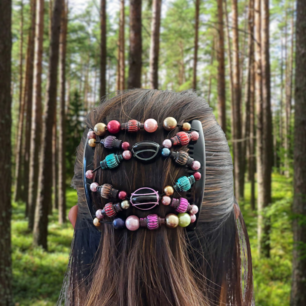 Double peigne cheveux élastique pour chignon - perles multicolore made in France