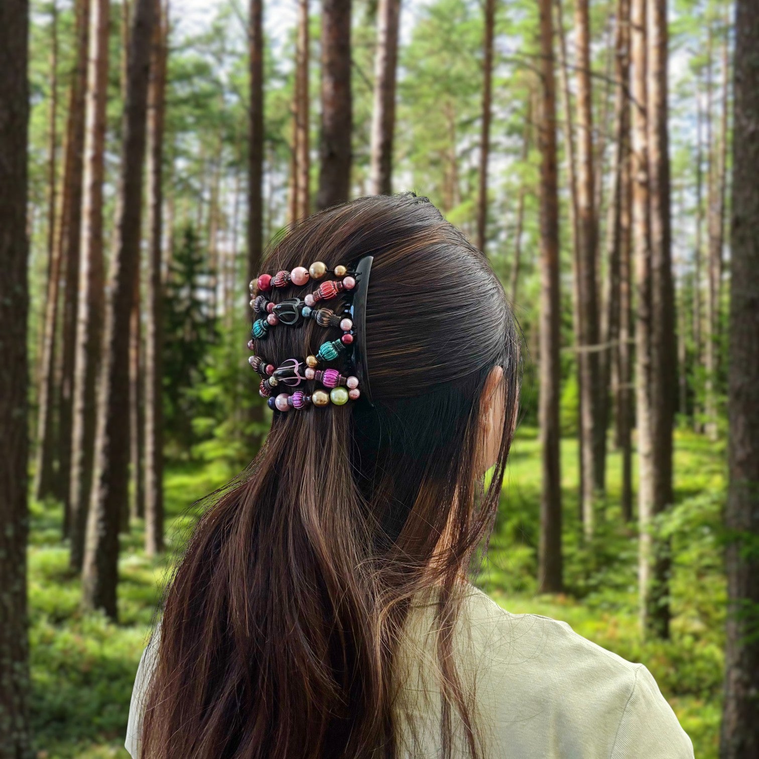 Double peigne cheveux élastique pour chignon - perles multicolore made in France