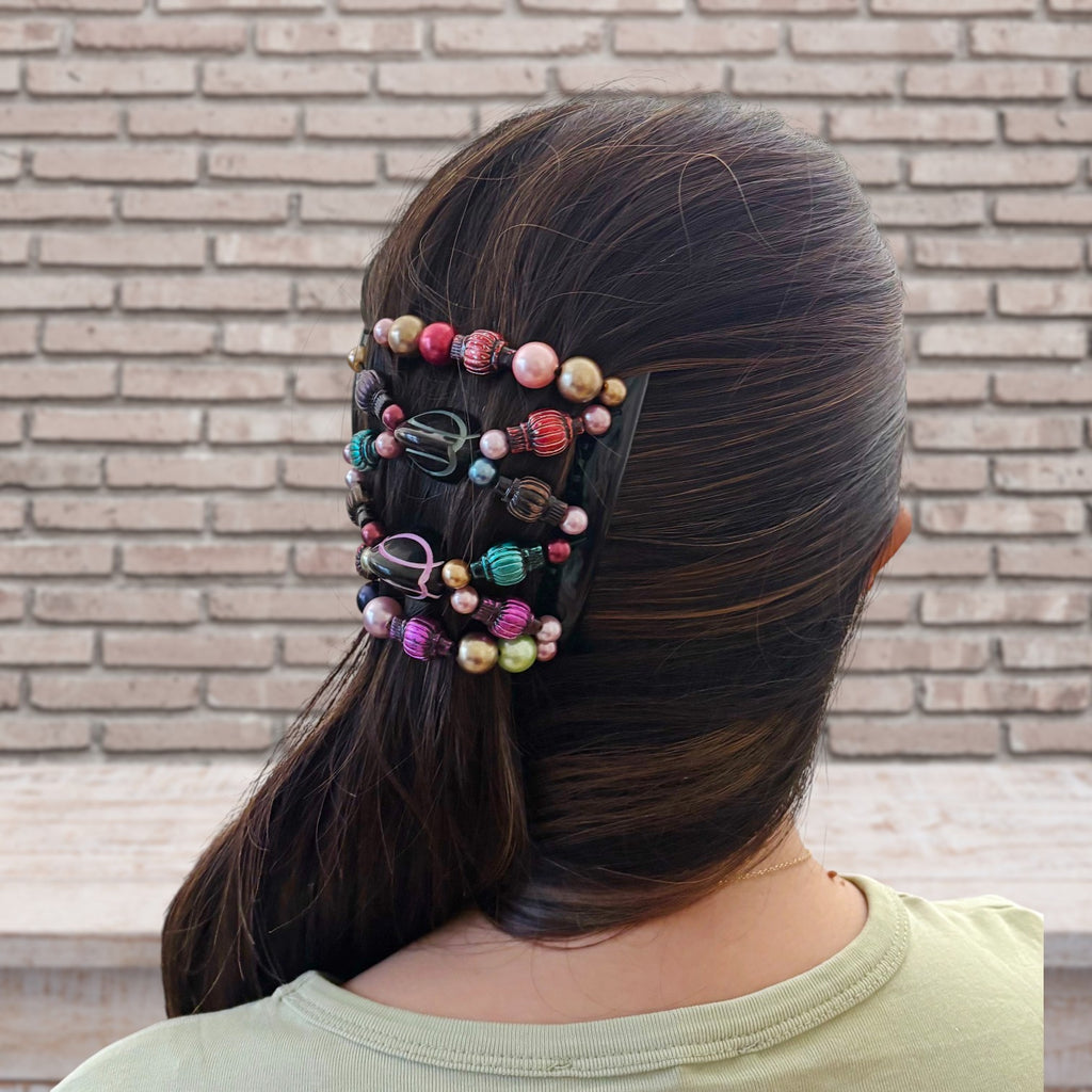 Double peigne cheveux élastique pour chignon - perles multicolore made in France