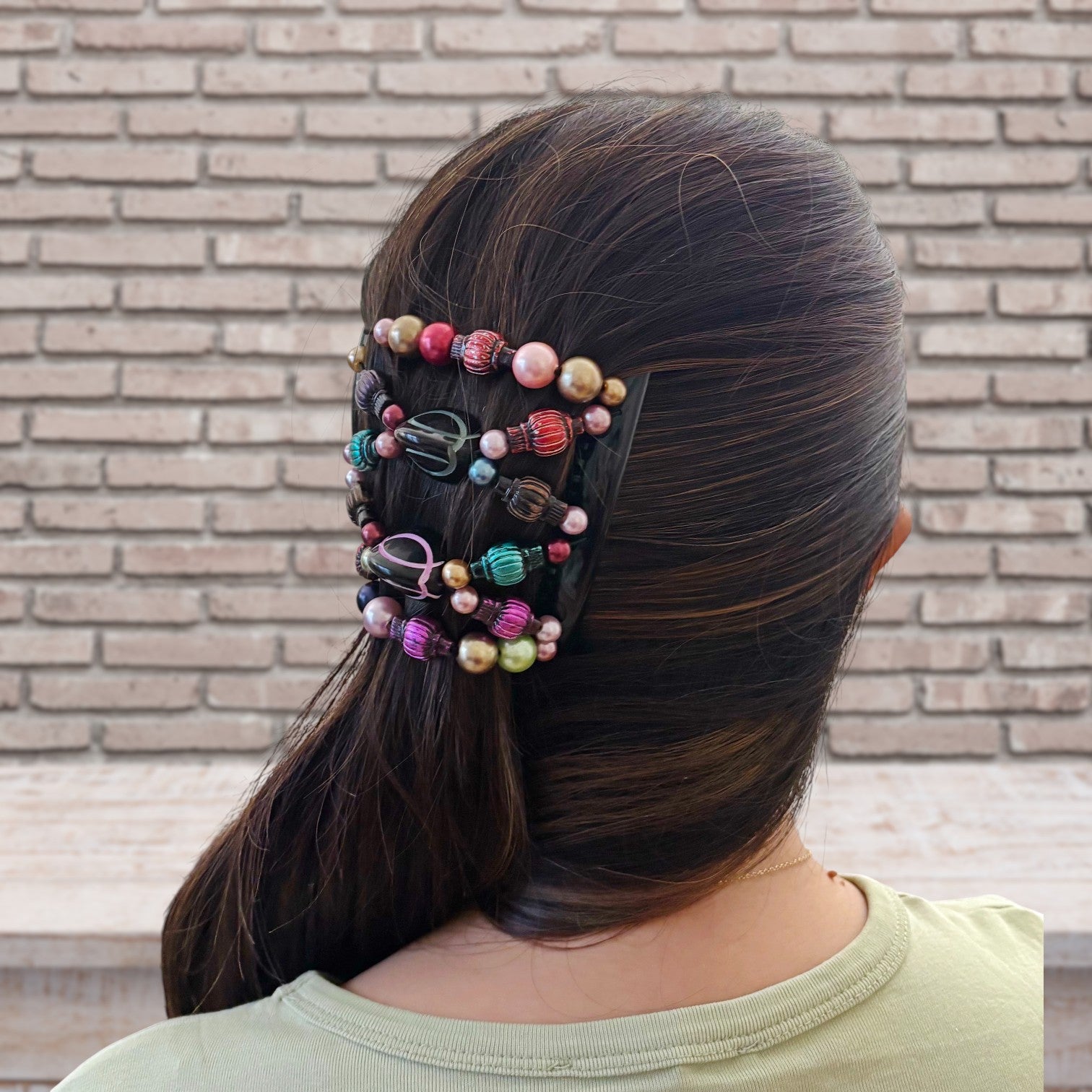 Double peigne cheveux élastique pour chignon - perles multicolore made in France