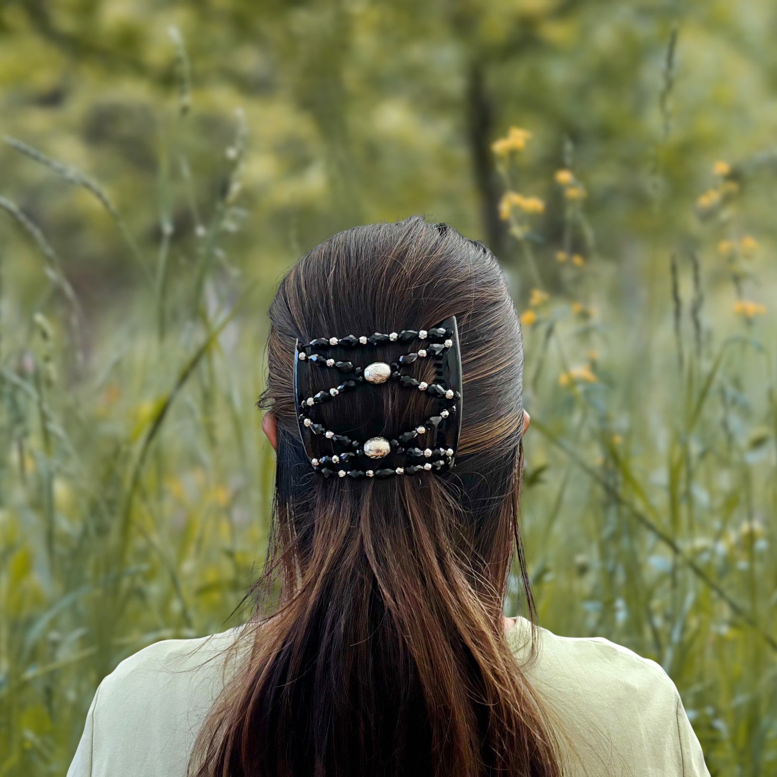 Peigne cheveux élastique pour chignon perles facettées noires made in France