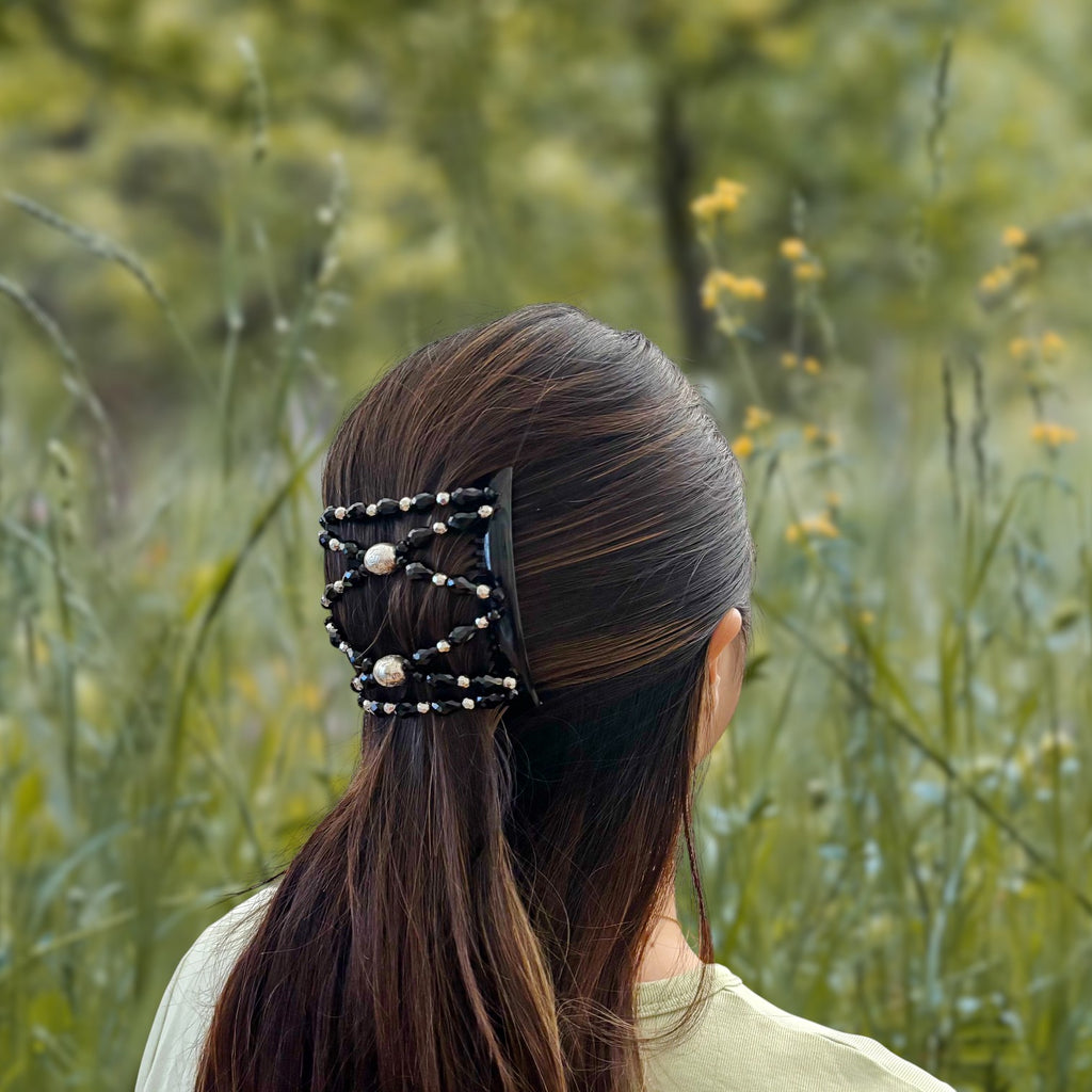 Peigne cheveux élastique pour chignon perles facettées noires made in France