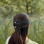 Peigne cheveux élastique pour chignon perles facettées noires made in France