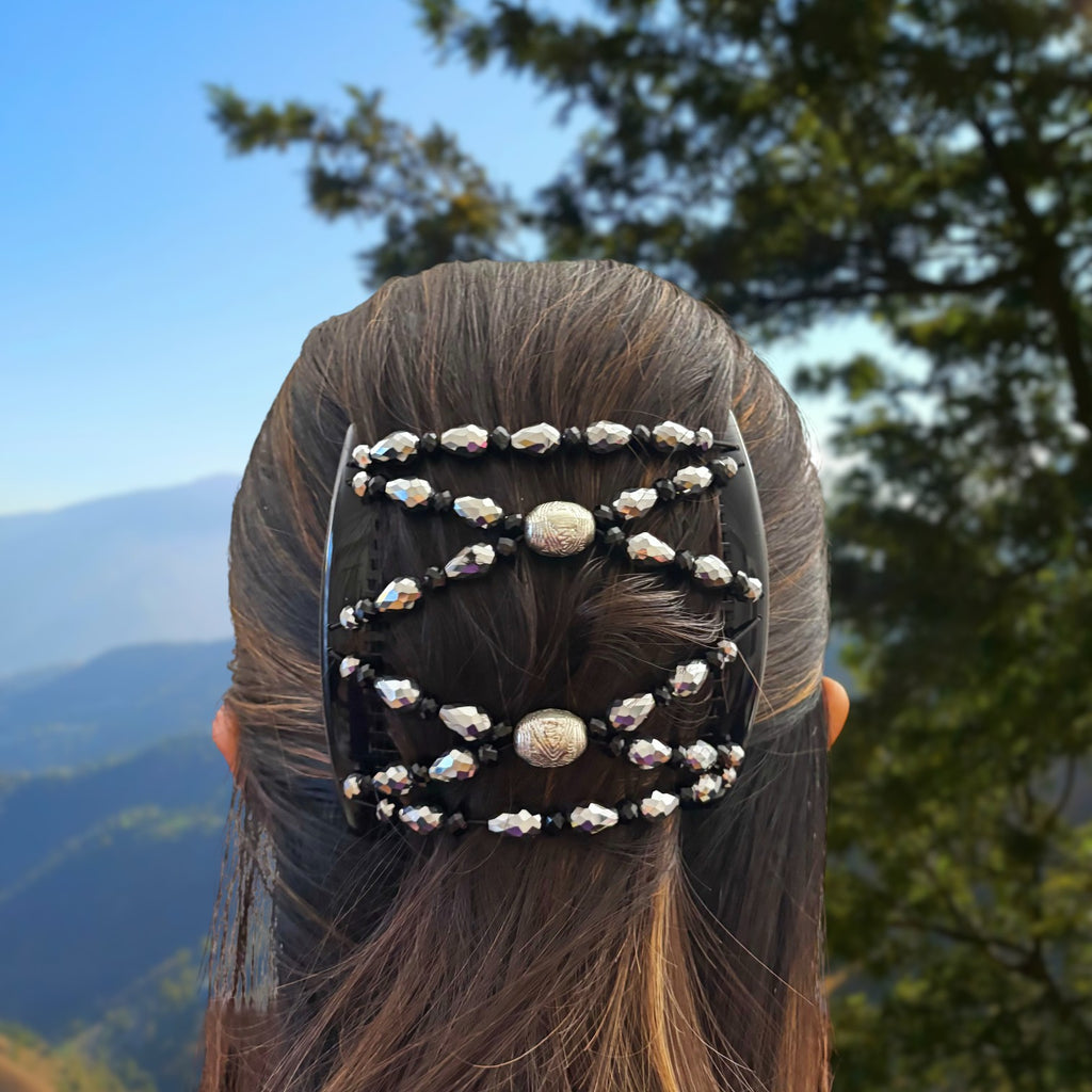 Double peigne cheveux élastique pour chignon Perles facettées argentées