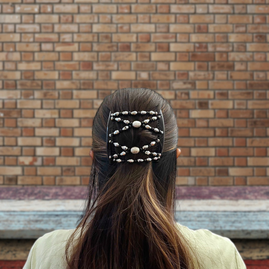 Double peigne cheveux élastique pour chignon Perles facettées argentées