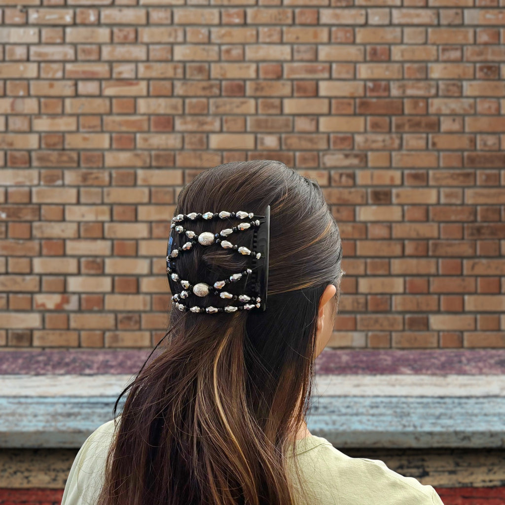 Double peigne cheveux élastique pour chignon Perles facettées argentées