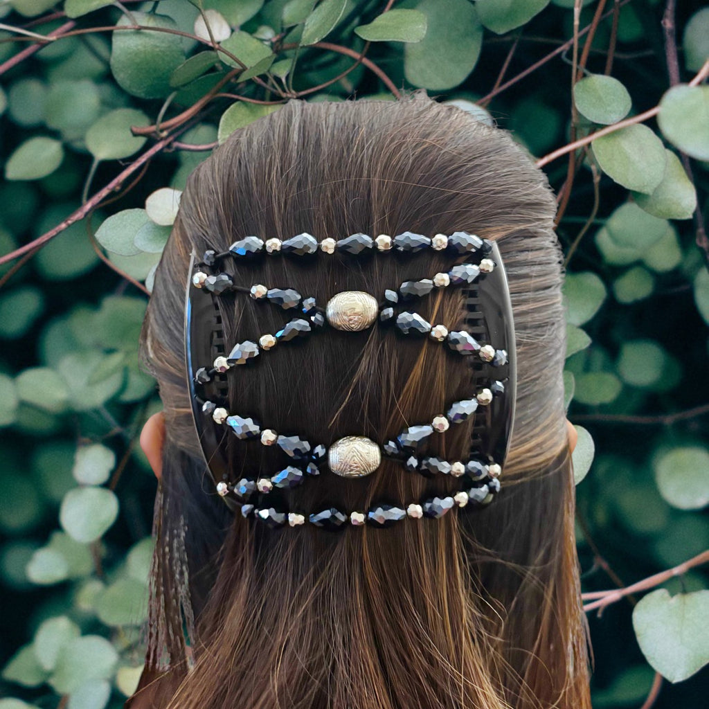 Double peigne cheveux élastique pour chignon perles facettées bleues made in France