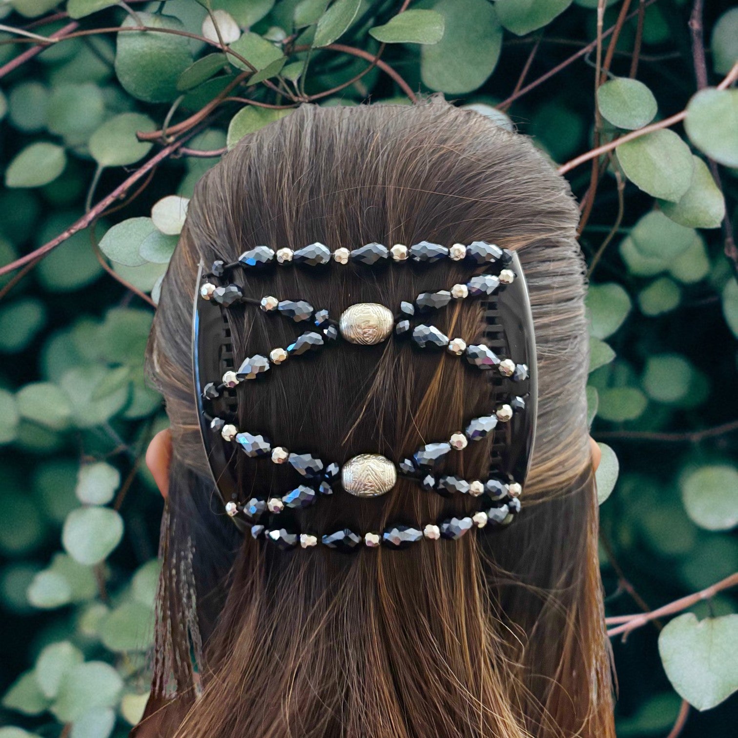 Double peigne cheveux élastique pour chignon perles facettées bleues made in France