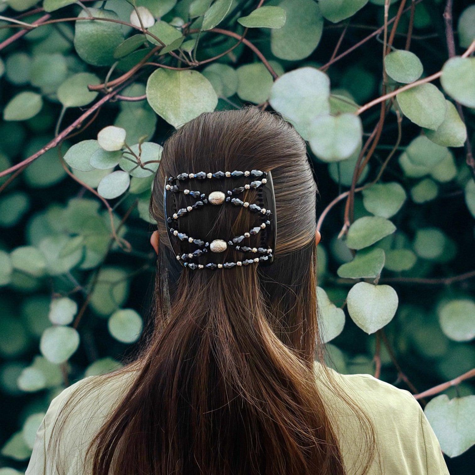 Double peigne cheveux élastique pour chignon perles facettées bleues made in France