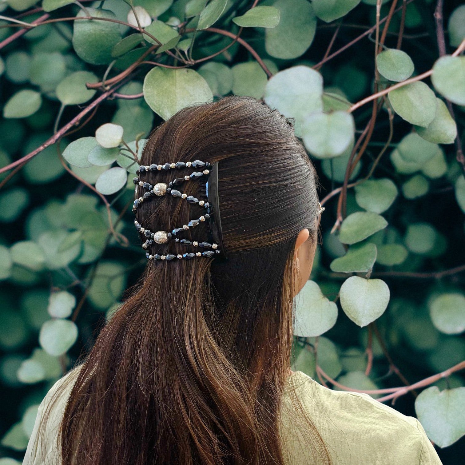 Double peigne cheveux élastique pour chignon perles facettées bleues made in France