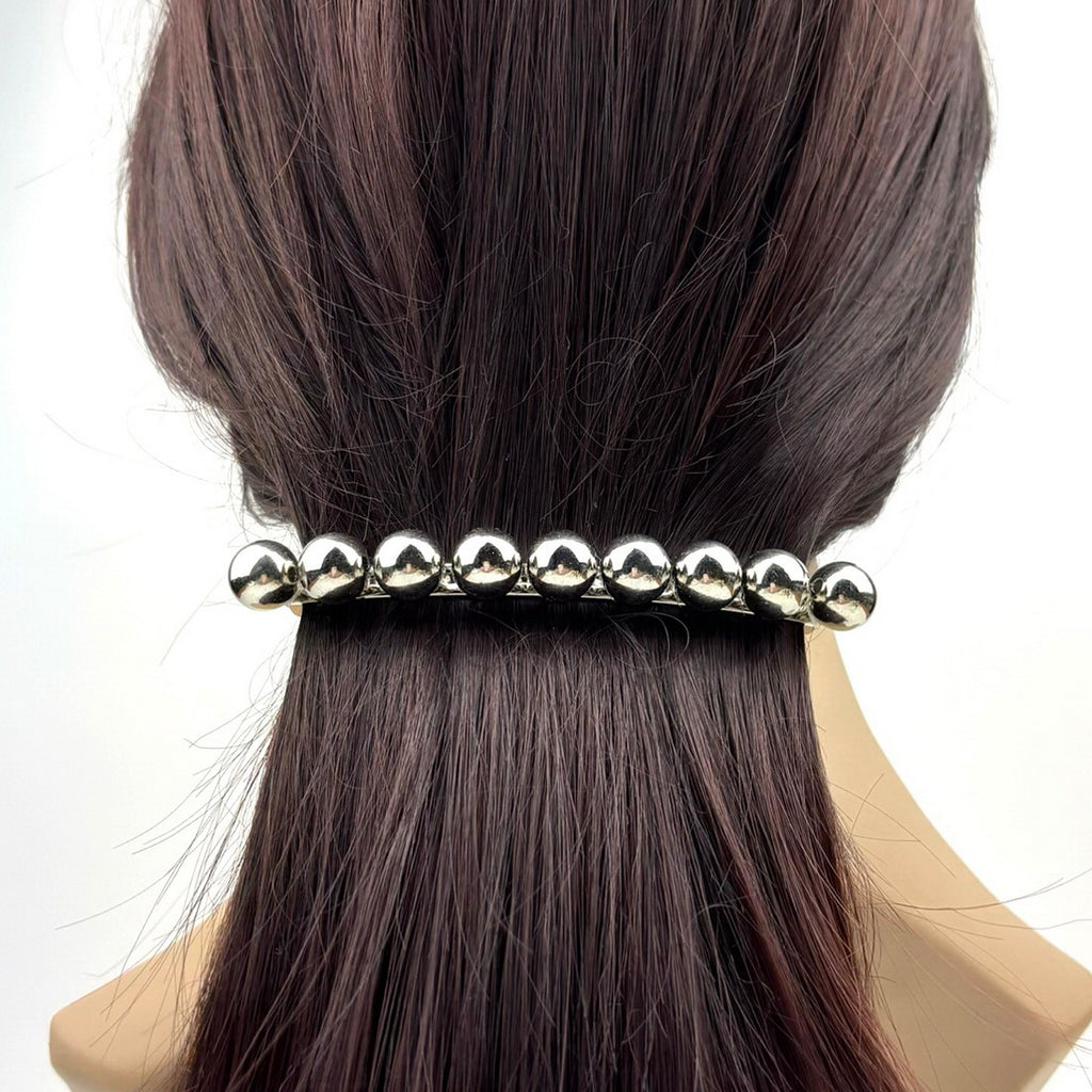 Grande barrette à cheveux longue 10.5cm, perles 10mm, argenté