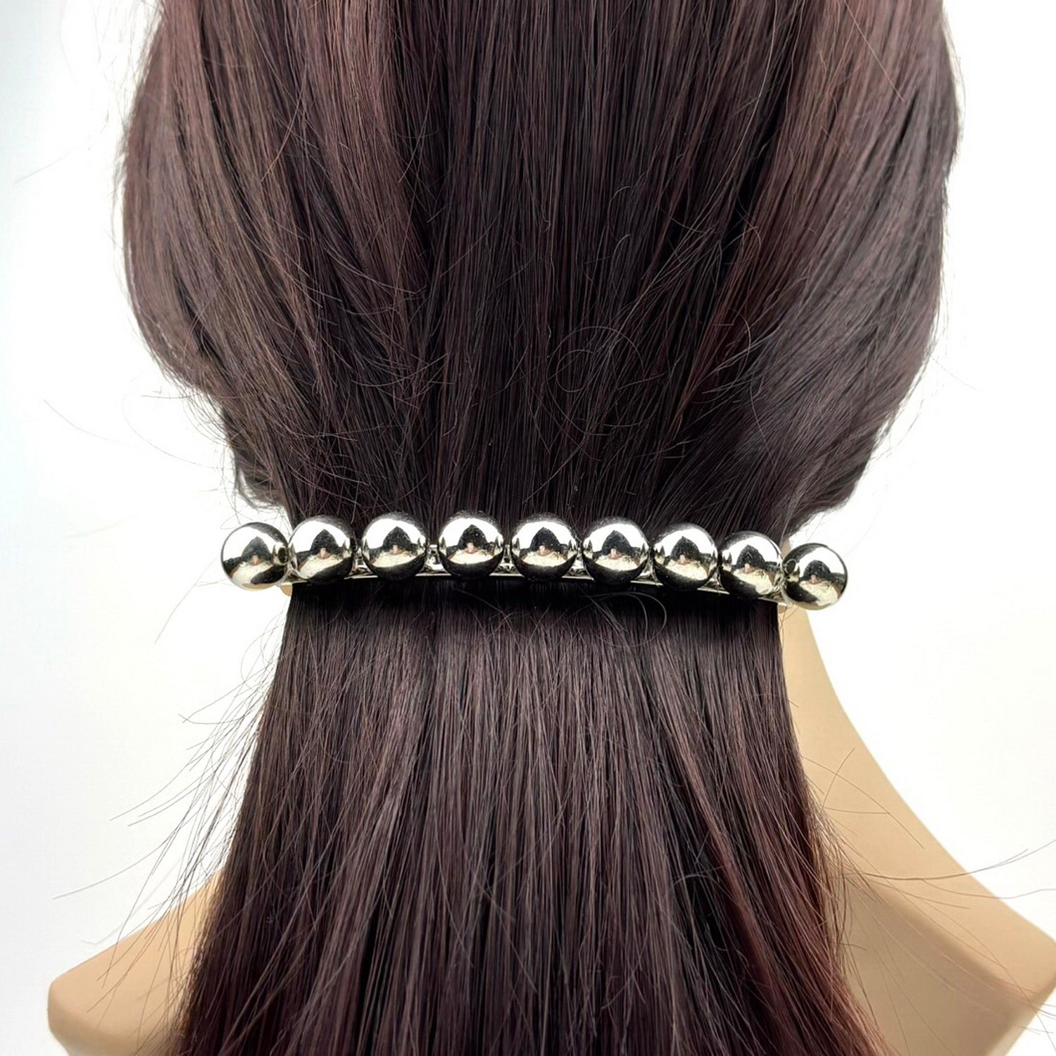 Grande barrette à cheveux longue 10.5cm, perles 10mm, argenté
