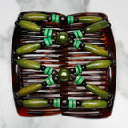 Peigne double cheveux - accessoire chignon en perles de bois vert