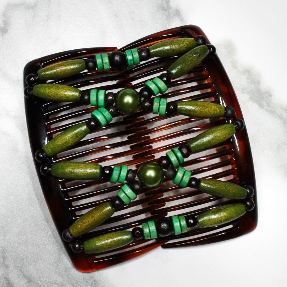 Peigne double cheveux - accessoire chignon en perles de bois vert