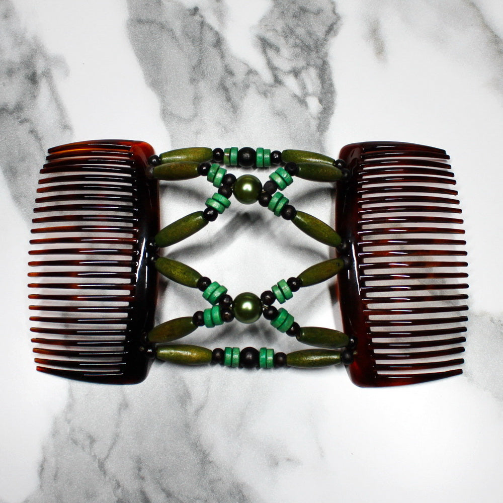 Peigne double cheveux - accessoire chignon en perles de bois vert
