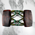 Peigne double cheveux - accessoire chignon en perles de bois vert