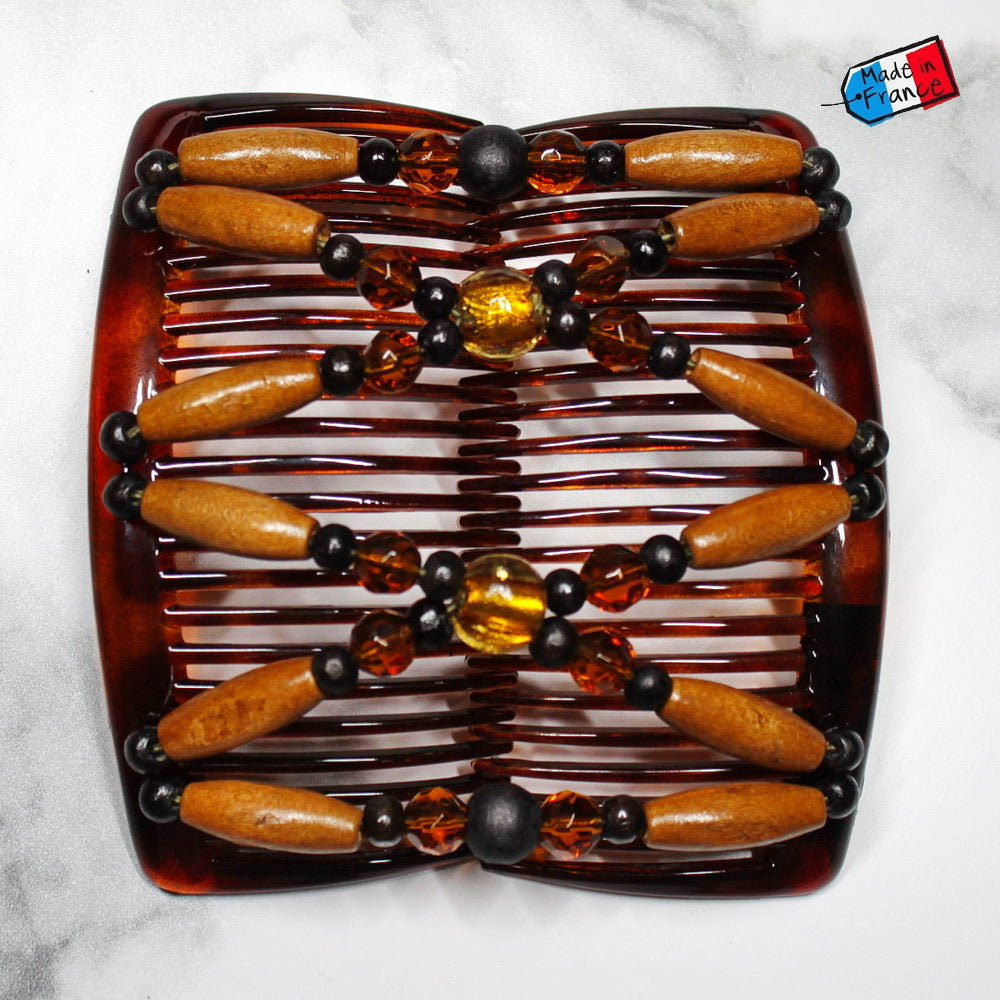 Peigne double cheveux - accessoire chignon en perles de bois marron