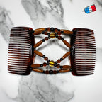 Peigne double cheveux - accessoire chignon en perles de bois marron