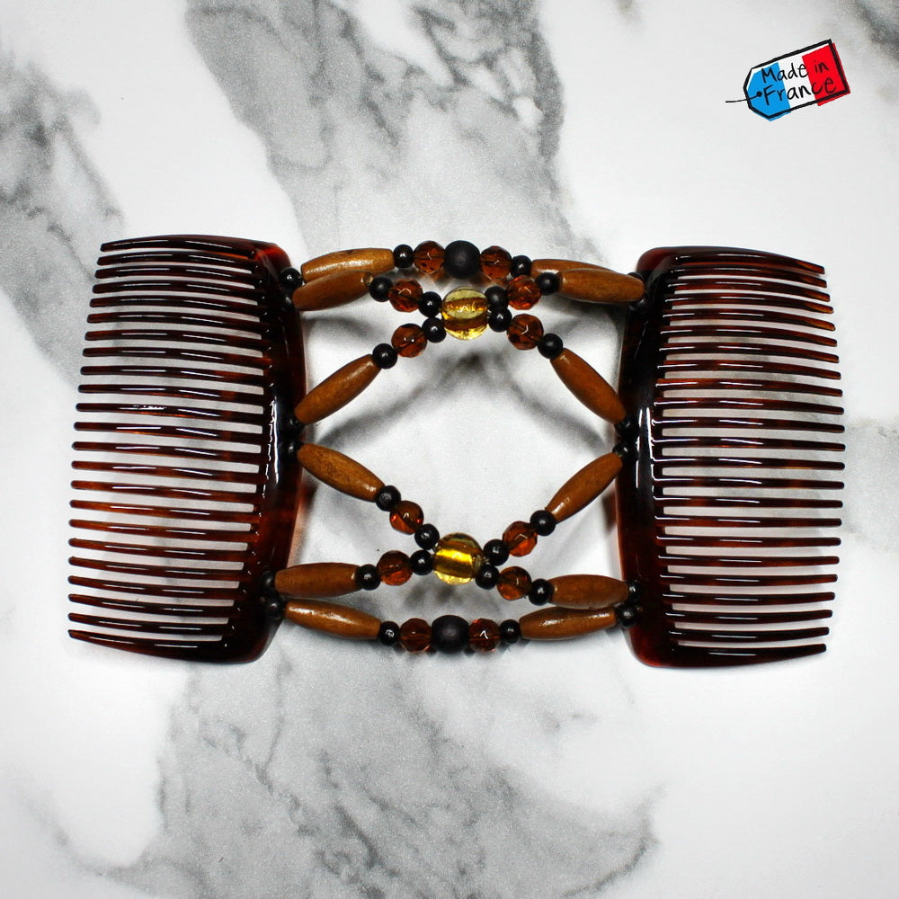 Peigne double cheveux - accessoire chignon en perles de bois marron