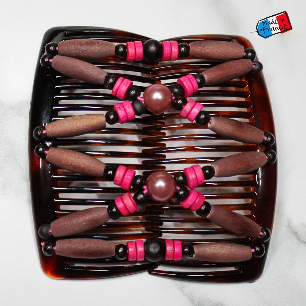 Peigne double cheveux - accessoire chignon en perles de bois rose