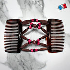 Peigne double cheveux - accessoire chignon en perles de bois rose