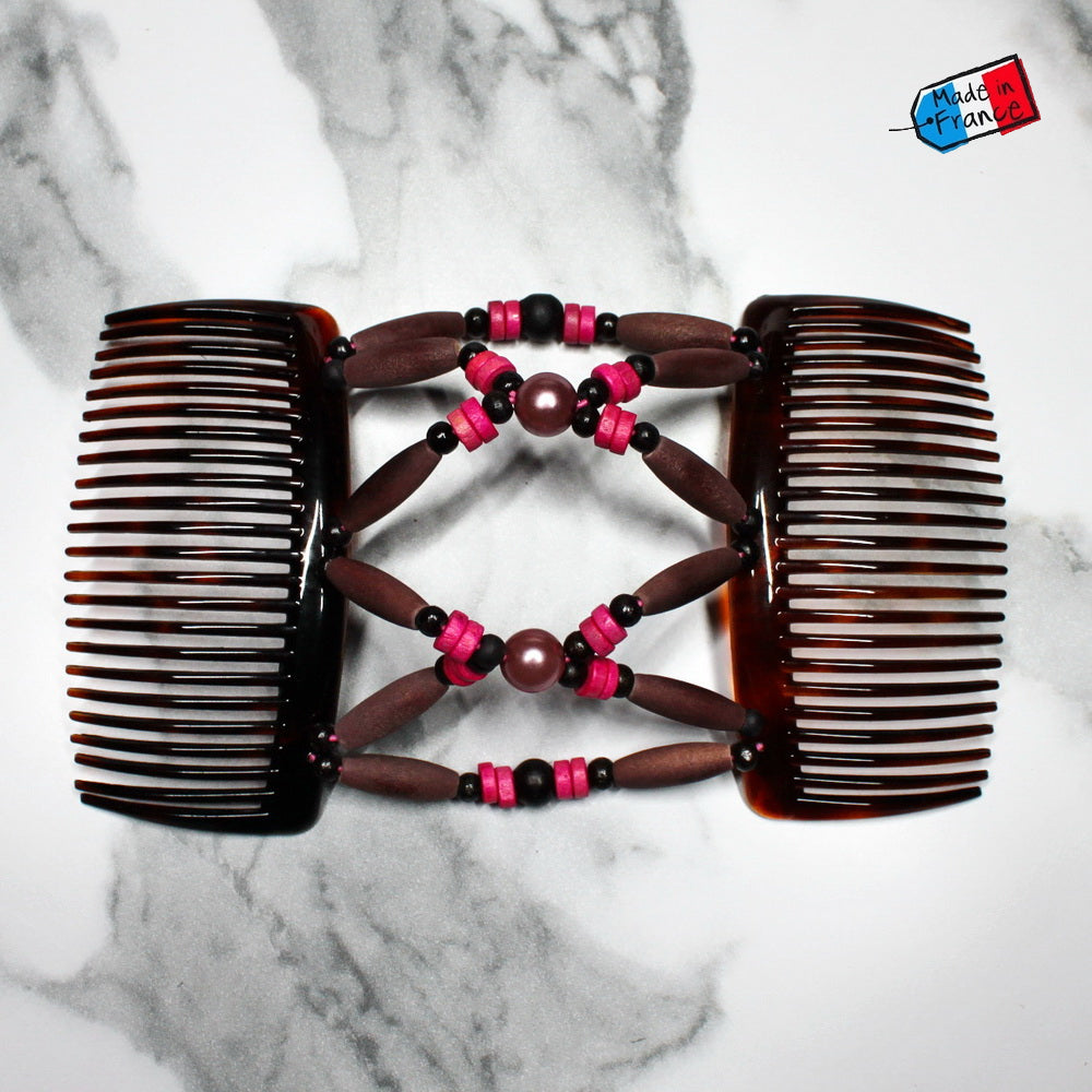 Peigne double cheveux - accessoire chignon en perles de bois rose