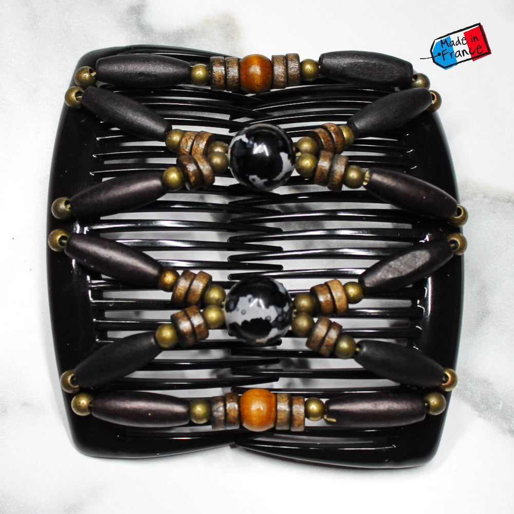 Peigne double cheveux - accessoire chignon en perles de bois noir