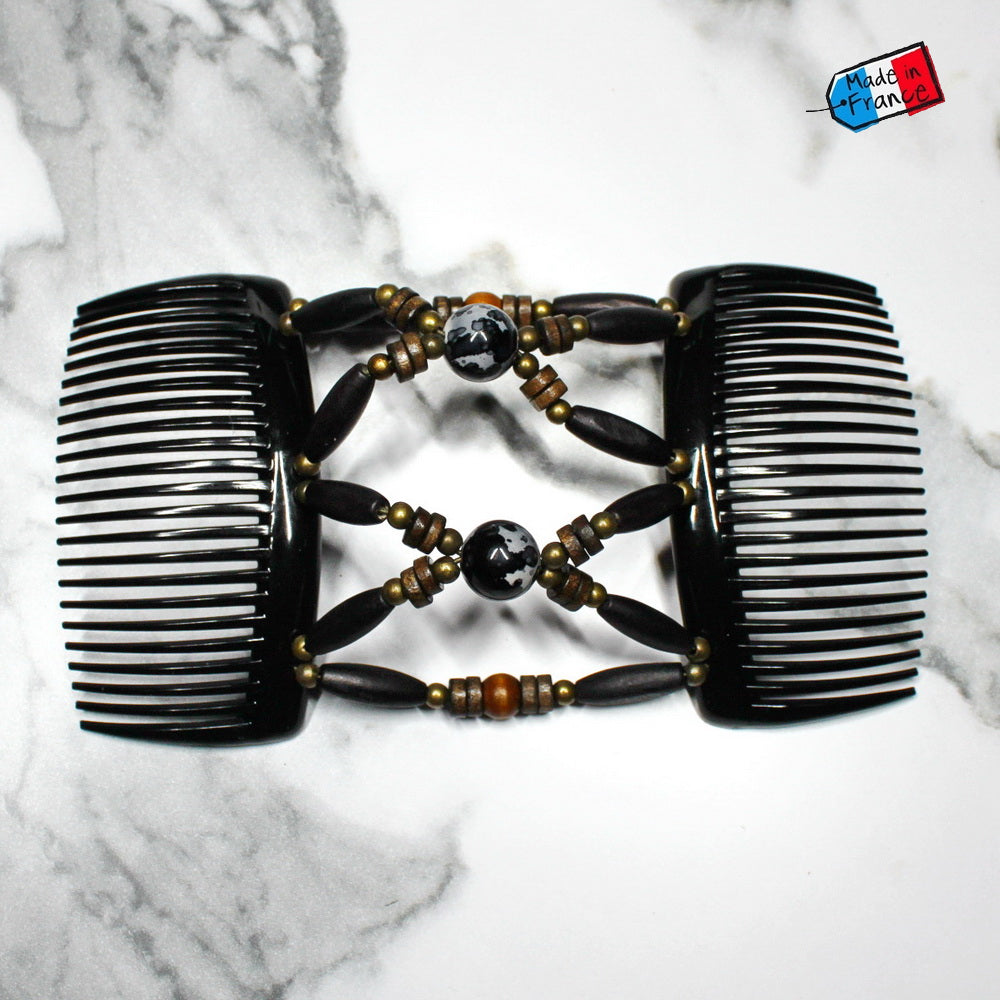 Peigne double cheveux - accessoire chignon en perles de bois noir