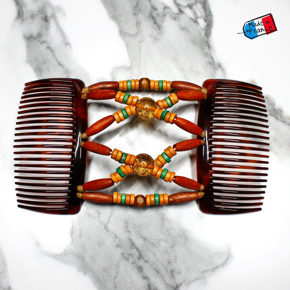 Peigne double cheveux - accessoire chignon en perles de bois
