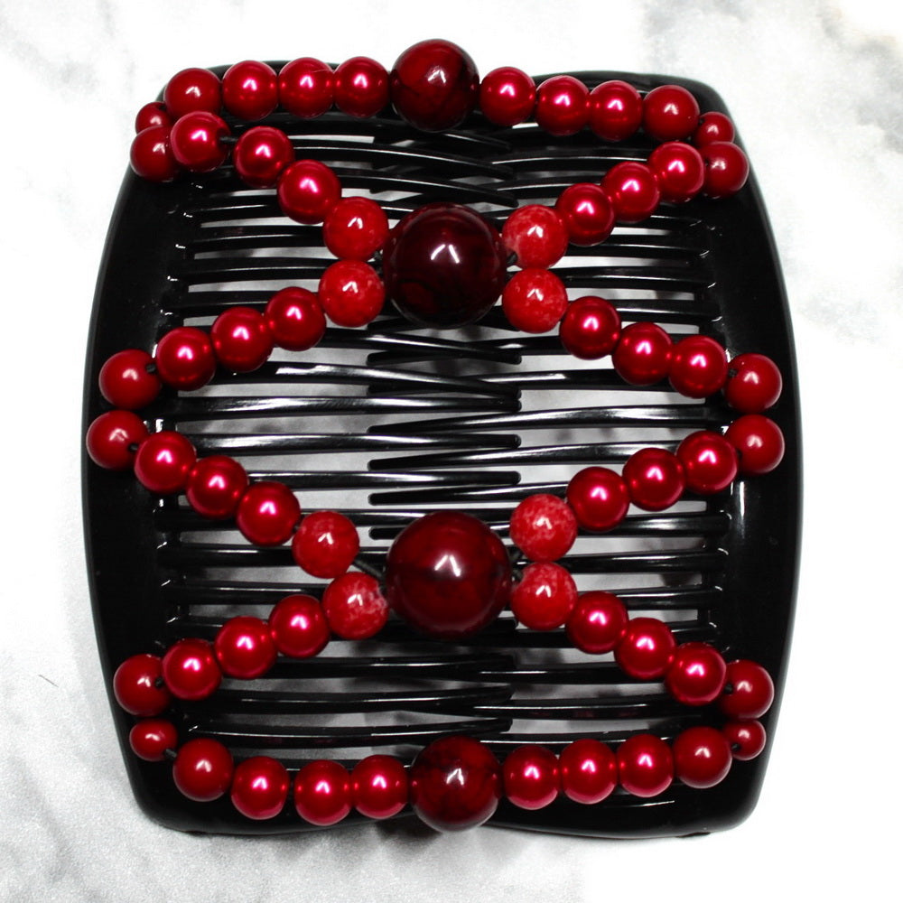 Peigne double cheveux - accessoire chignon en perles rouge