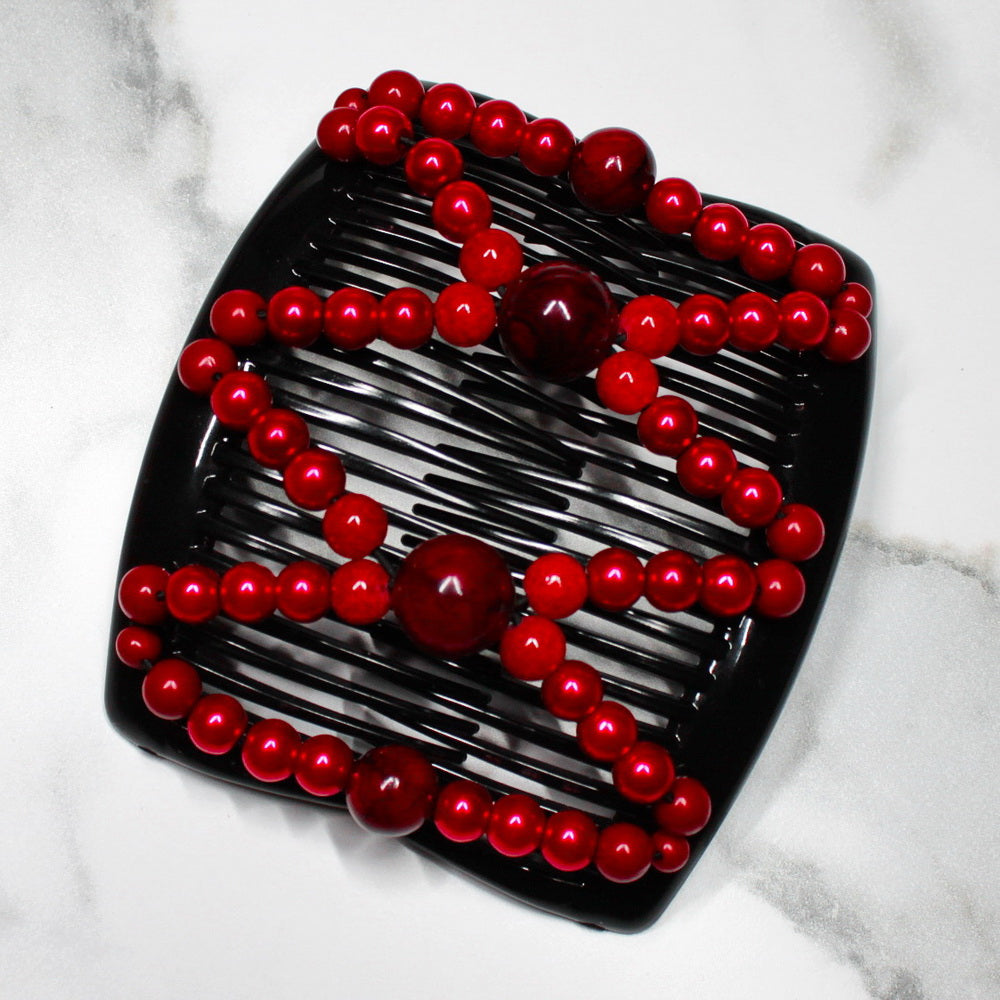 Peigne double cheveux - accessoire chignon en perles rouge