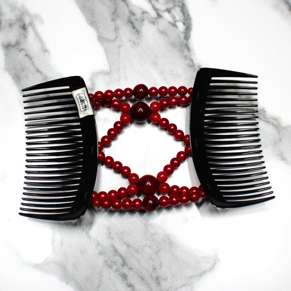 Peigne double cheveux - accessoire chignon en perles rouge