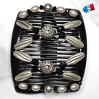 Double peigne cheveux élastique pour chignon orné de perles made in France