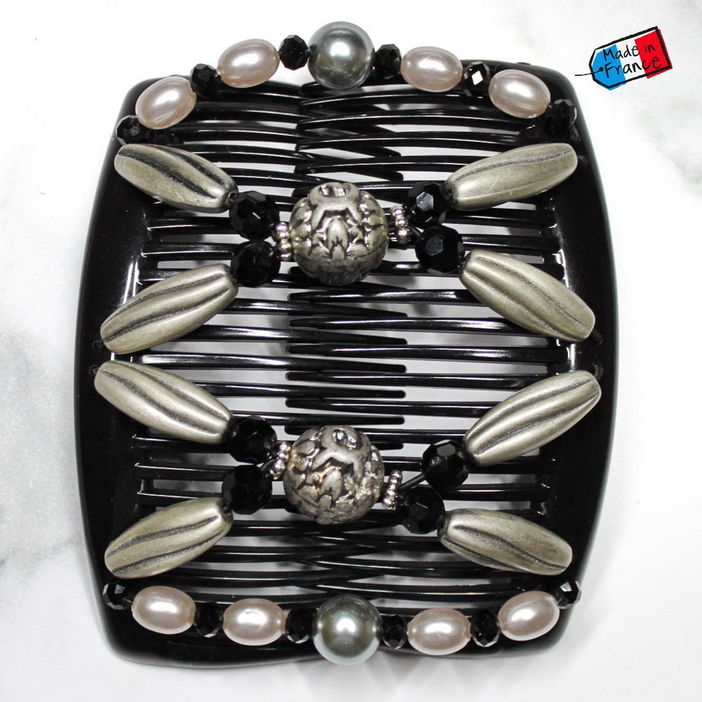 Double peigne cheveux élastique pour chignon orné de perles made in France