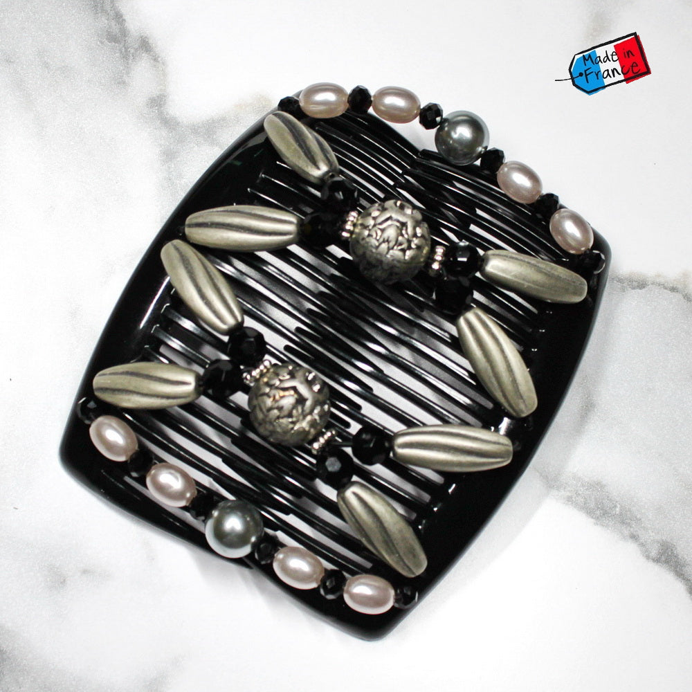 Double peigne cheveux élastique pour chignon orné de perles made in France